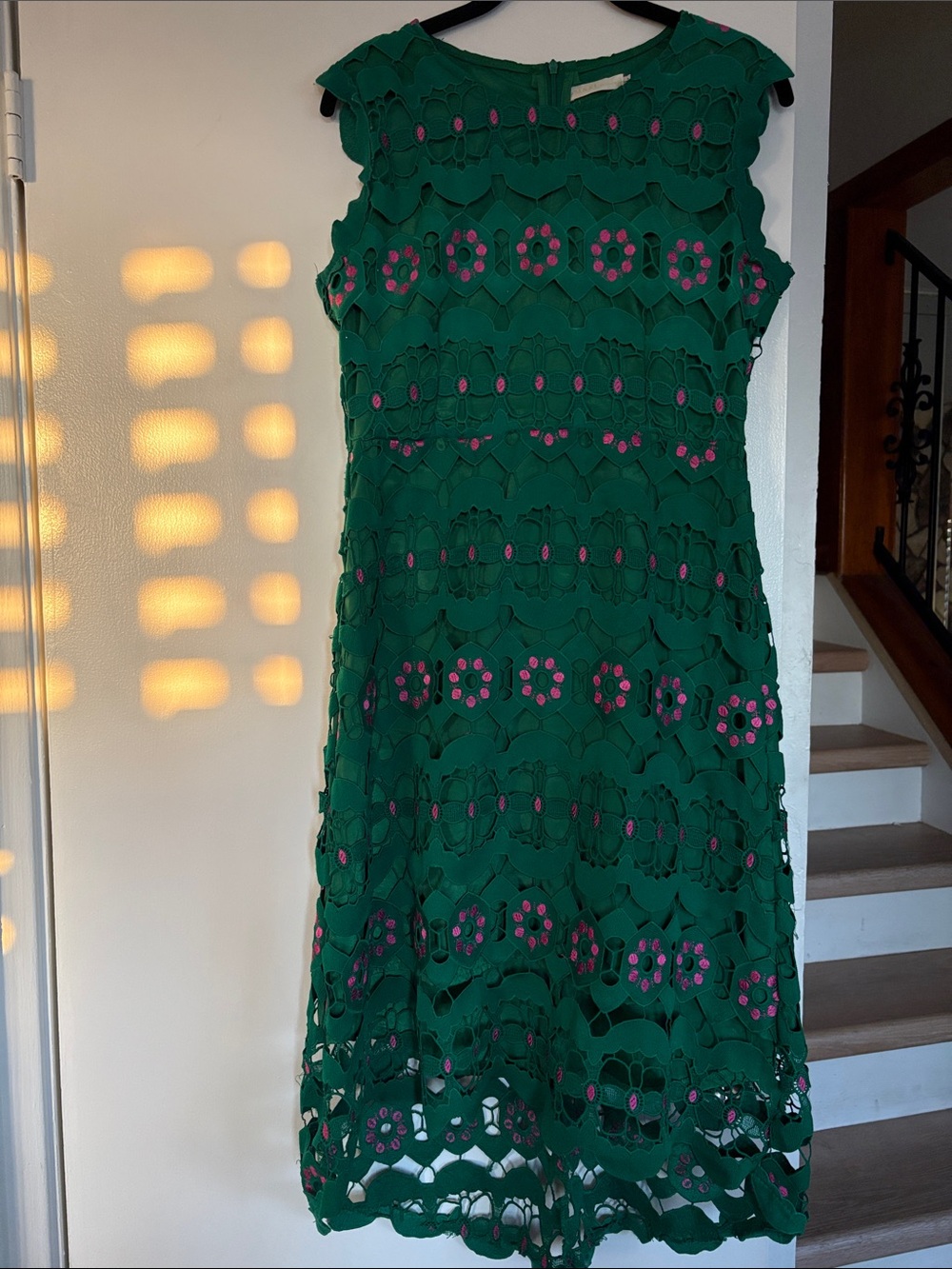 Green Laser-Cut Floral Overlay Dress with Pink Accents